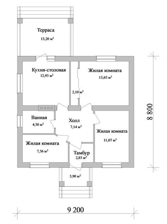 Проект дома 9 на 9 одноэтажный с 2 спальнями и котельной